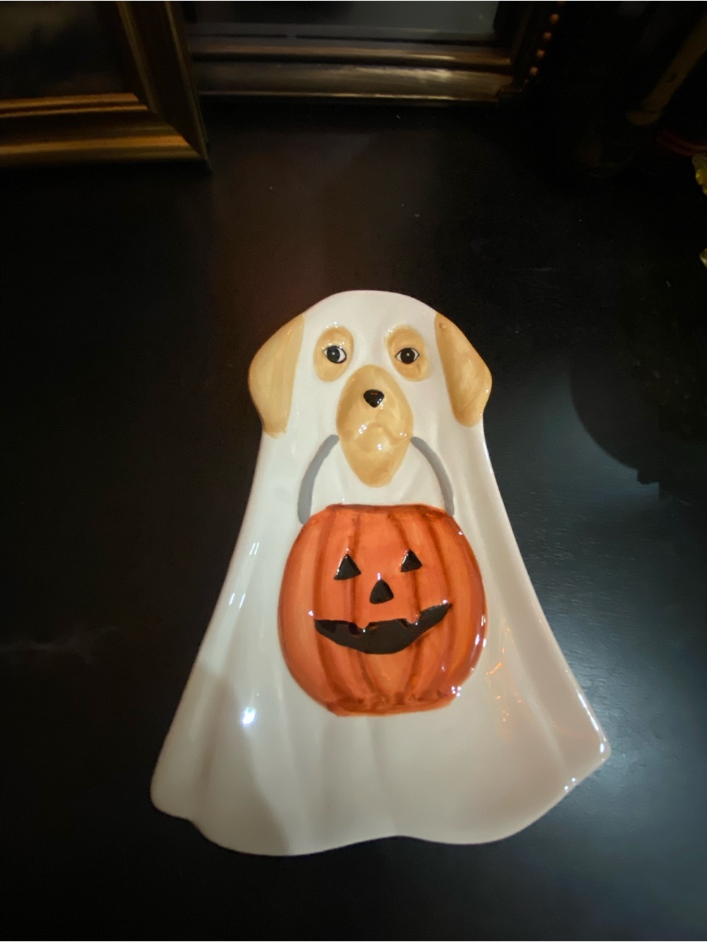 Halloween Ghost dog with jack-o’-lantern utensil plate